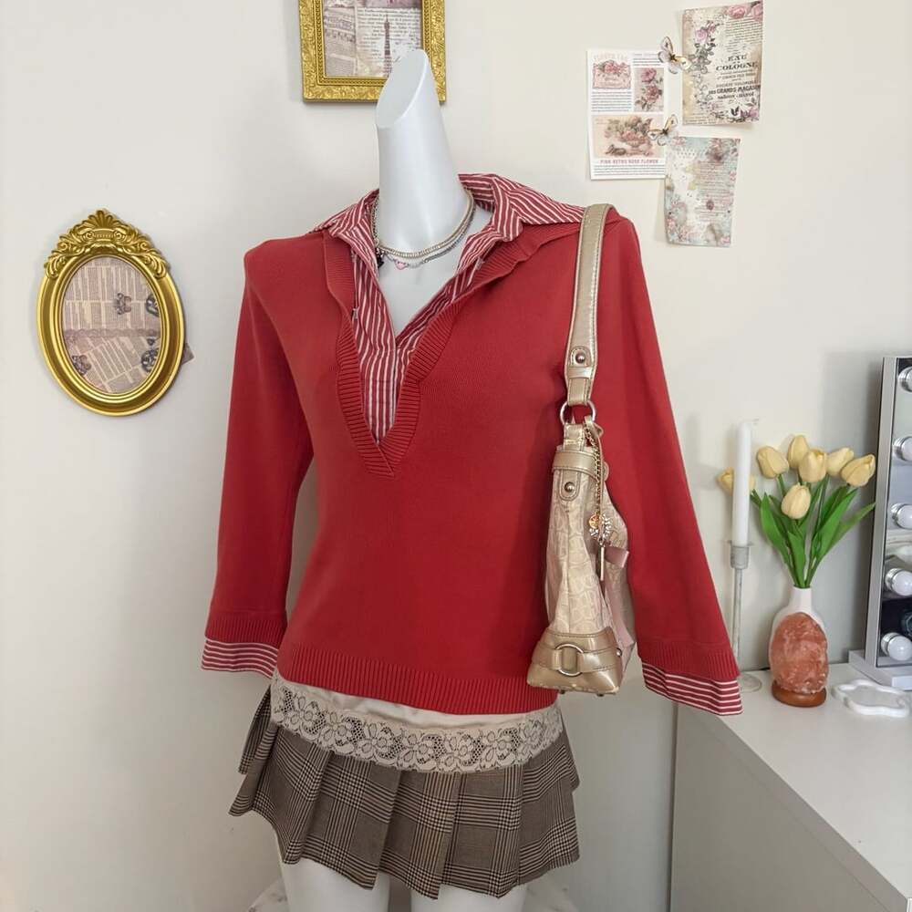 Ann Taylor Loft Pullover Sweater Size XS Red Striped Collar Layered